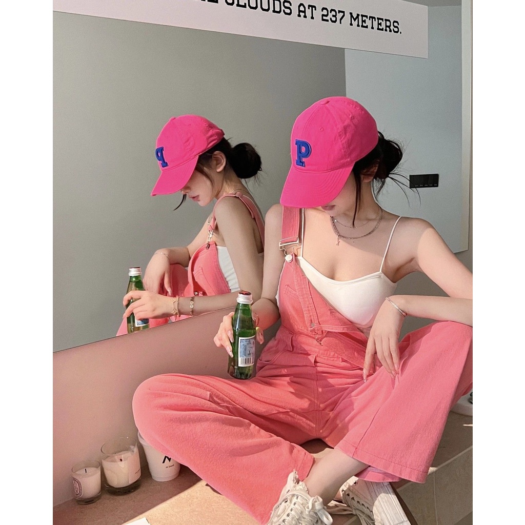 Quần Yếm Denim Hồng Lưng Cao Ống Rộng Thời Trang Mới