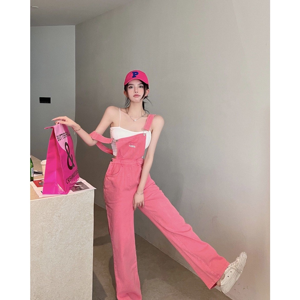 Quần Yếm Denim Hồng Lưng Cao Ống Rộng Thời Trang Mới