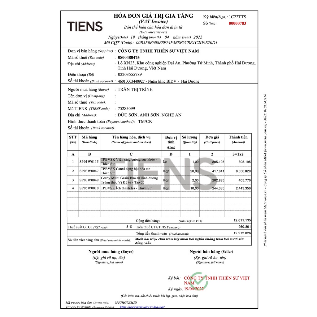 Canxi hữu cơ Thiên Sư Tiens hộp 10 gói dạng bột hòa tan