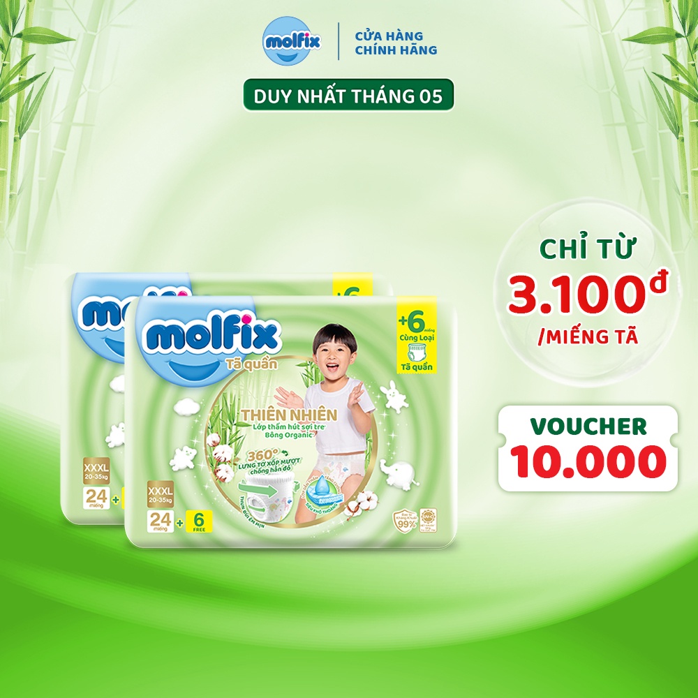 Combo 2 Tã/bỉm quần MOLFIX Thiên nhiên Jumbo XXXL (20kg - 35kg) - 2 Gói 60 miếng