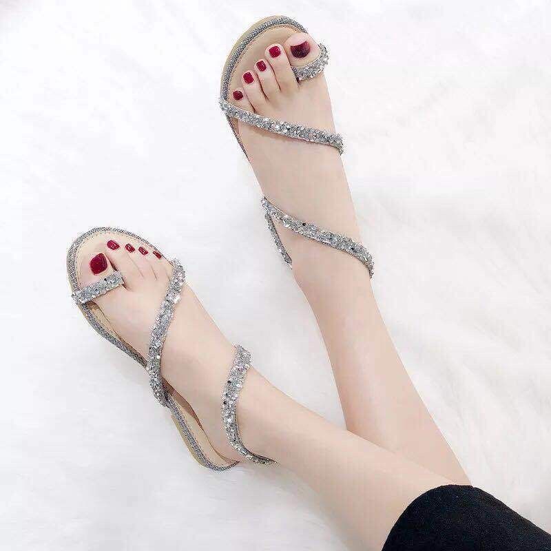 Giày Sandal Hở Ngón Đế Bằng Đính Đá Thời Trang Mùa Hè Dành Cho Nữ