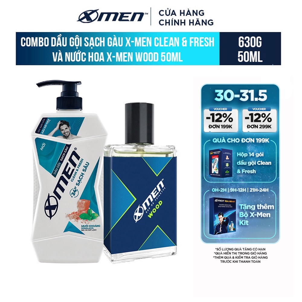 Combo Dầu gội Sạch Gàu X-Men Clean & Fresh 24h Sạch Sâu 630g và Nước hoa X-Men Wood 50ml