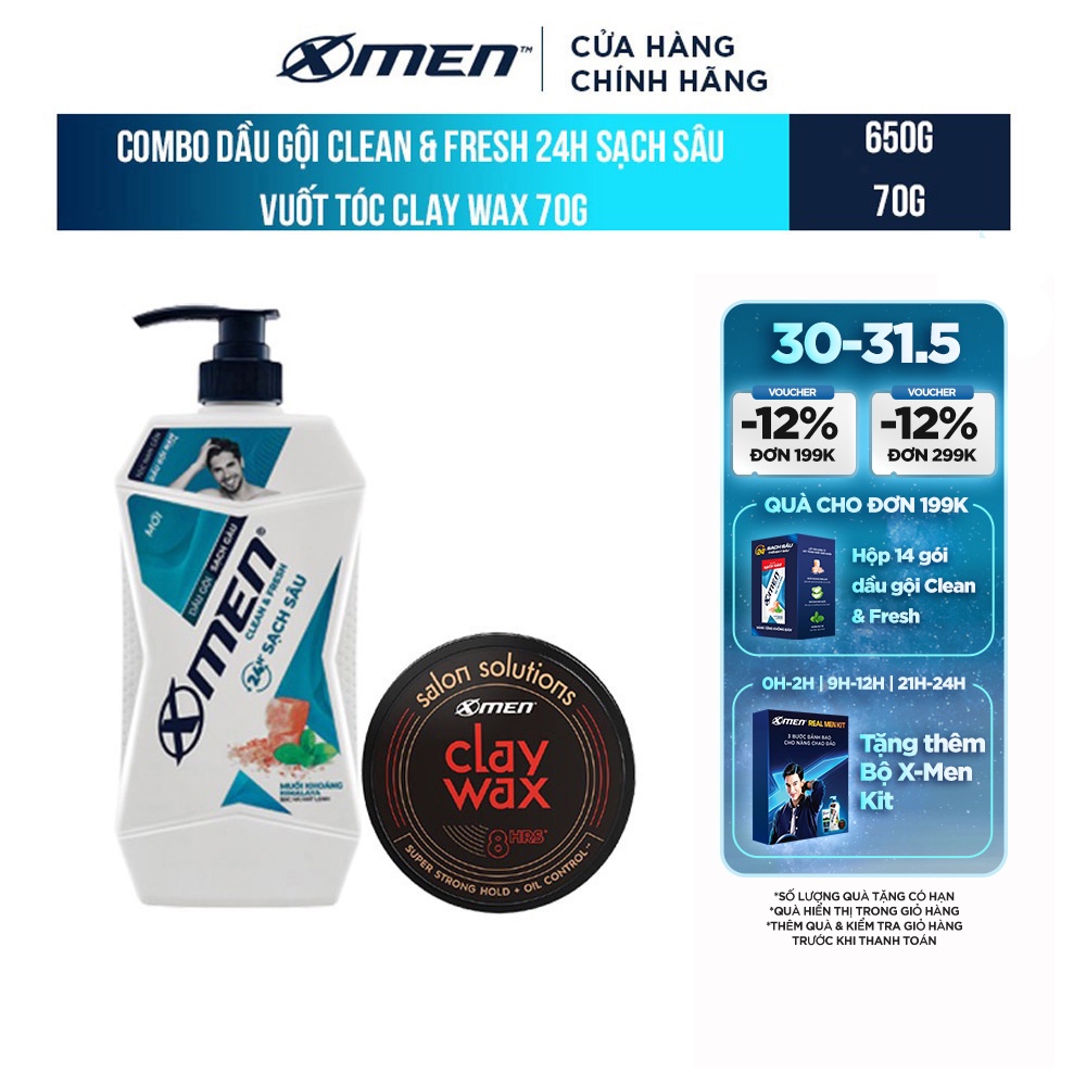 Combo Dầu gội X-Men Clean & Fresh 24h + Wax vuốt tóc X-men Salon Solution Clay Wax