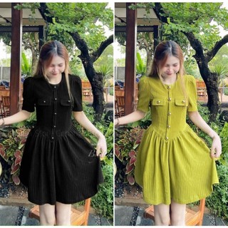 Đầm thời trang nữ mặc đi chơi chất thun gân cao cấp cổ tròn đính nút tiểu thư váy xoè ngắn M462 - Yado