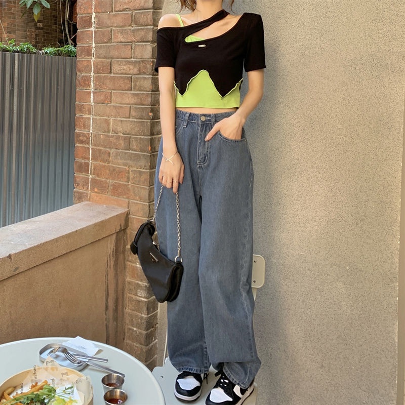 Set Áo Thun + Quần Short Lệch Vai Màu Sắc Tương Phản Thời Trang Mùa Hè Cho Nữ