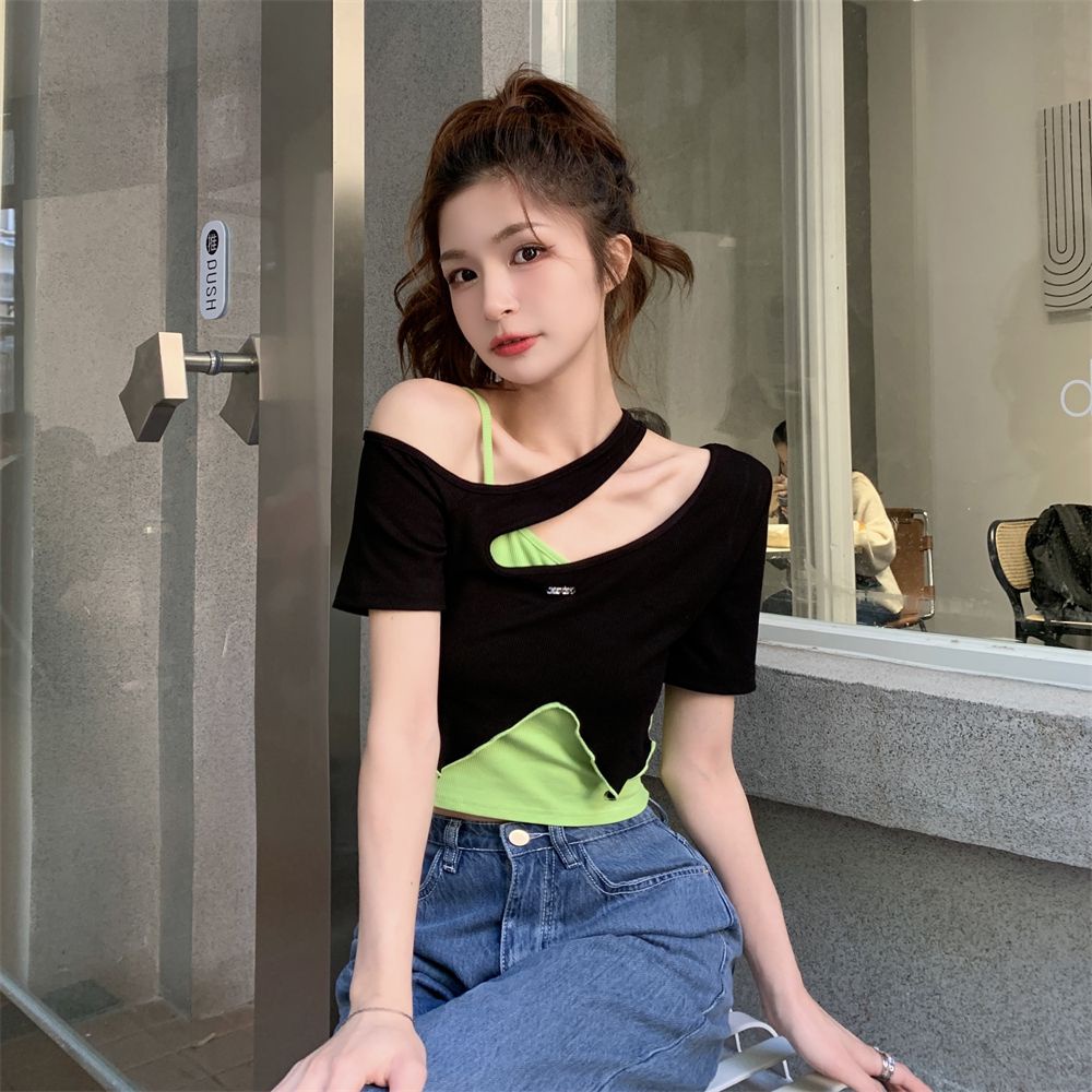 Set Áo Thun + Quần Short Lệch Vai Màu Sắc Tương Phản Thời Trang Mùa Hè Cho Nữ