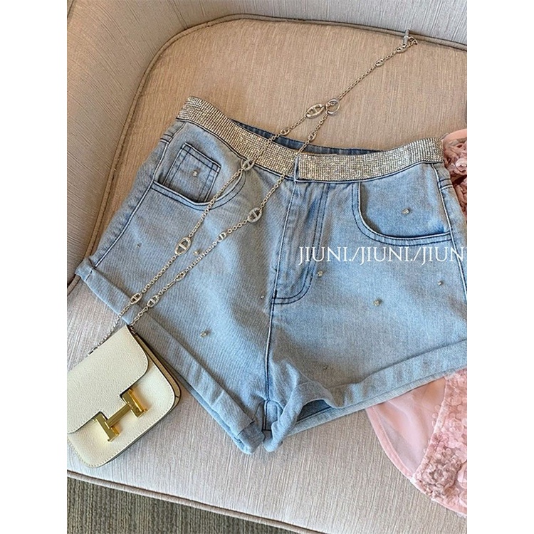 Quần short JSC denim xoăn lưng cao đính kim cương thời trang cho nữ