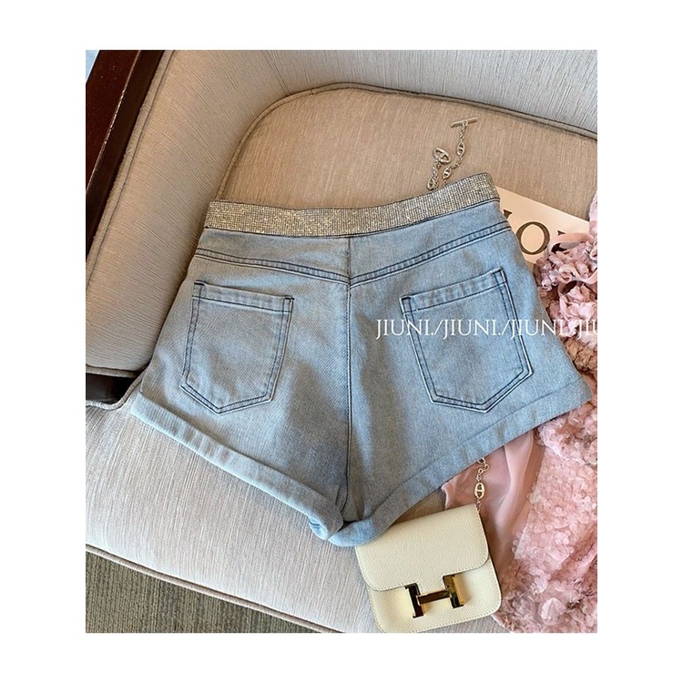 Quần short JSC denim xoăn lưng cao đính kim cương thời trang cho nữ