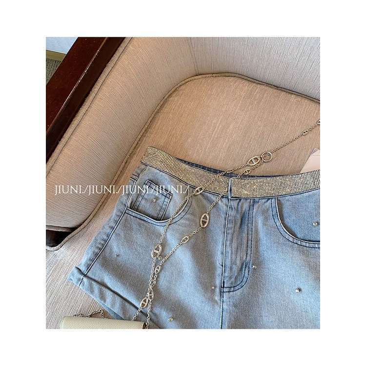Quần short JSC denim xoăn lưng cao đính kim cương thời trang cho nữ