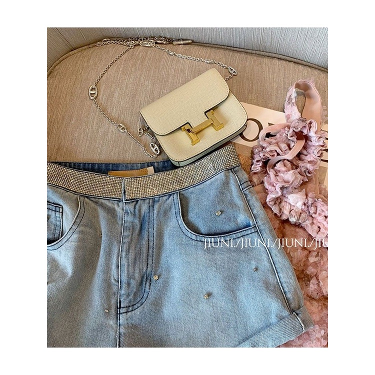 Quần short JSC denim xoăn lưng cao đính kim cương thời trang cho nữ