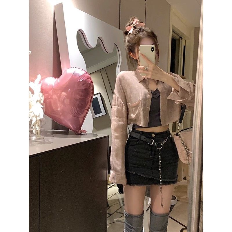 Jiashucheng Chân Váy Denim Ngắn Sờn Cạp Cao Dễ Phối Đồ Phong Cách Mỹ Ngọt Ngào Cho Nữ