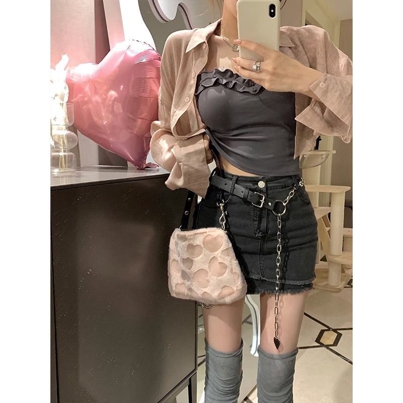 Jiashucheng Chân Váy Denim Ngắn Sờn Cạp Cao Dễ Phối Đồ Phong Cách Mỹ Ngọt Ngào Cho Nữ