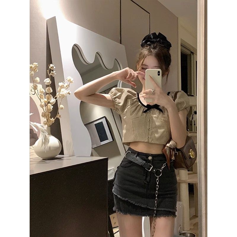 Jiashucheng Chân Váy Denim Ngắn Sờn Cạp Cao Dễ Phối Đồ Phong Cách Mỹ Ngọt Ngào Cho Nữ