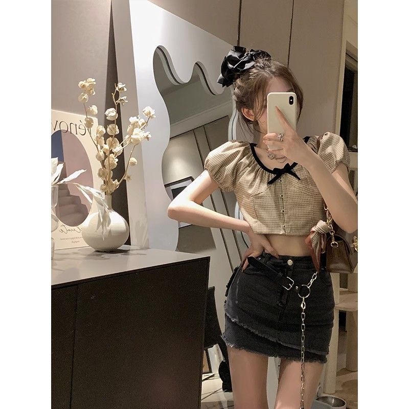 Jiashucheng Chân Váy Denim Ngắn Sờn Cạp Cao Dễ Phối Đồ Phong Cách Mỹ Ngọt Ngào Cho Nữ