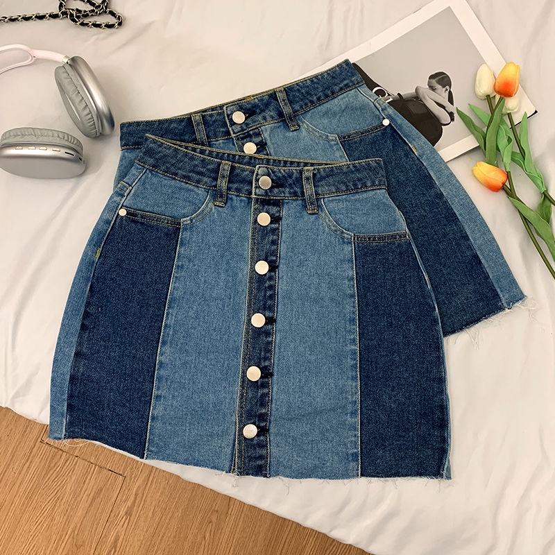 Jiashucheng Chân Váy Denim Lưng Cao Dáng Ôm Màu Sắc Retro Thời Trang Mùa Hè Dành Cho Nữ