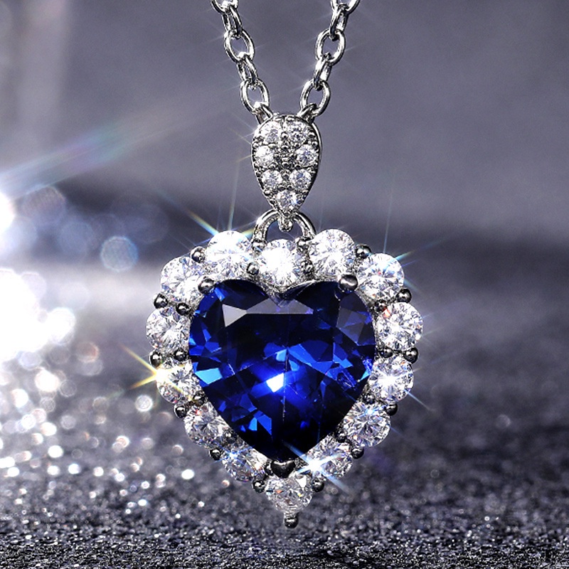 Dây Chuyền Mặt Trái Tim Đính Đá Sapphire Xanh Dương Phong Cách Mới Cho Nữ