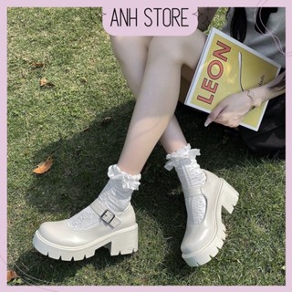 Giày búp bê Lolita nữ mũi tròn đế cao 7.5cm màu đen, kem phong cách Hàn Quốc G016 - Anh Store