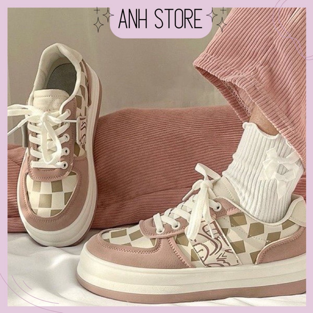Giày bata thể thao nữ cổ thấp đế độn màu hồng phối sọc caro cá tính G024 - Anh Store