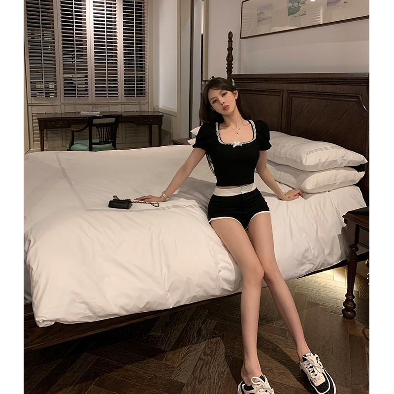 Jiashucheng Quần Đùi Có Khóa Kéo Màu Trắng Đen Tương Phản Thời Trang Mùa Hè Cho Nữ