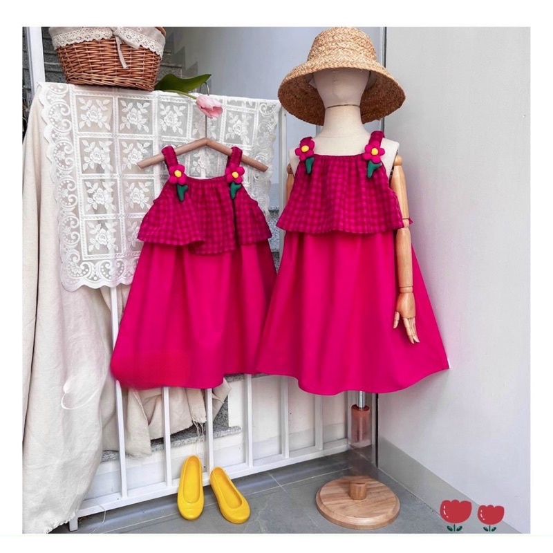 váy suông 2 dây caro đính hoa dáng A siêu xinh size 8-26kg