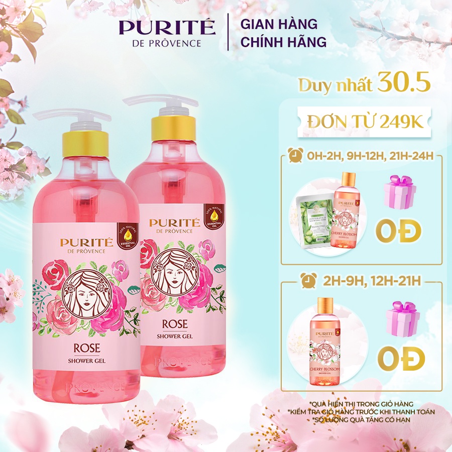 Combo 2 Sữa Tắm Thiên Nhiên Mềm Mịn Hoa Hồng Purité 850ml/chai