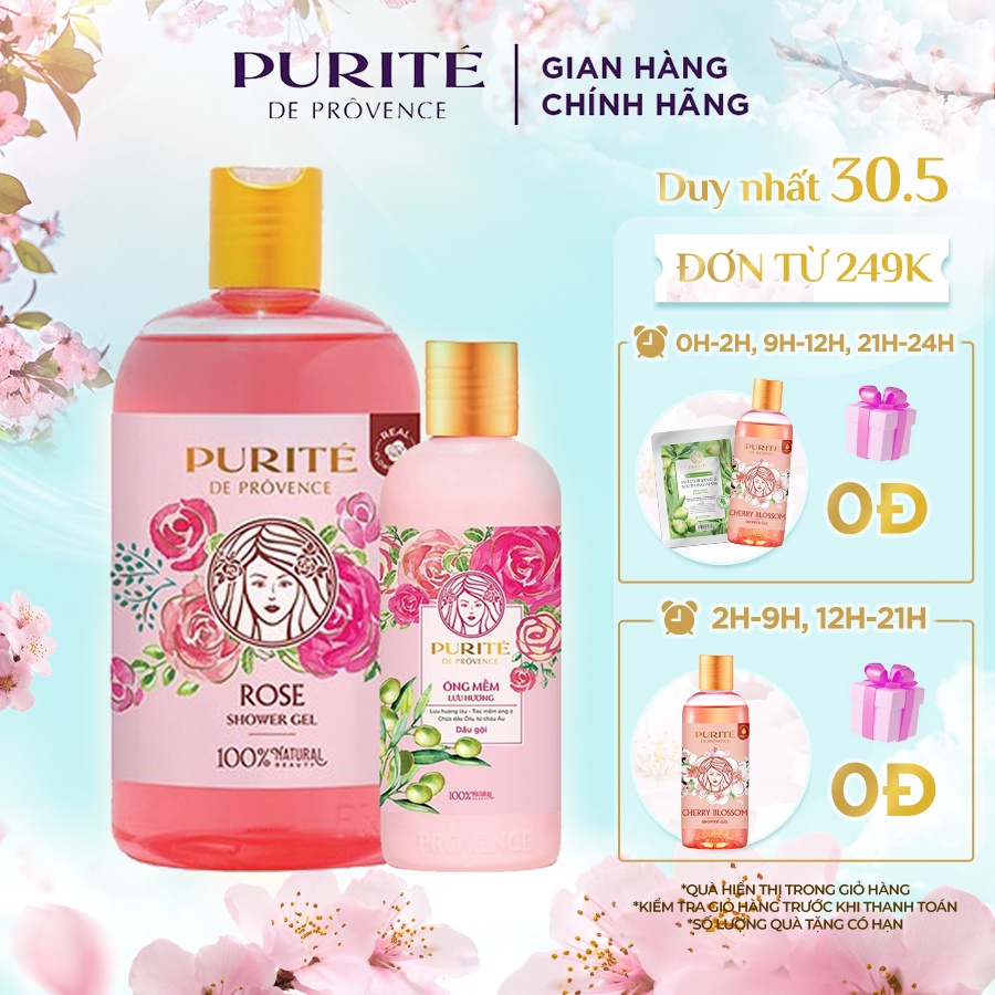 Combo Sữa Tắm Purite Mềm Mịn Hoa Hồng 500ml + Dầu Gội Purite Óng Mềm Lưu Hương Purite 180ml