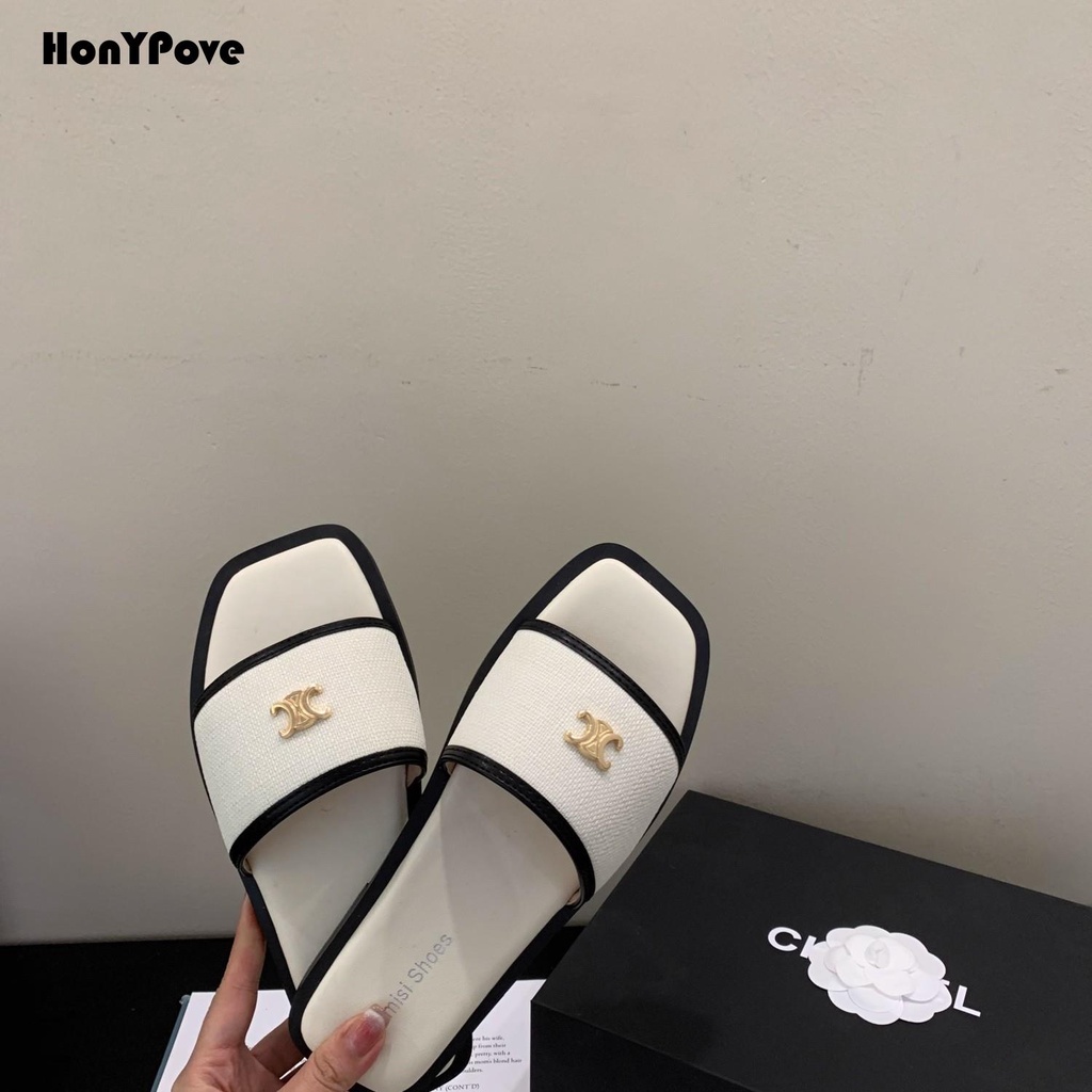 Honypove Giày Sandal Hở Ngón Mũi Vuông Đế Bằng Màu Sắc Thời Trang Mùa Hè Cho Nữ