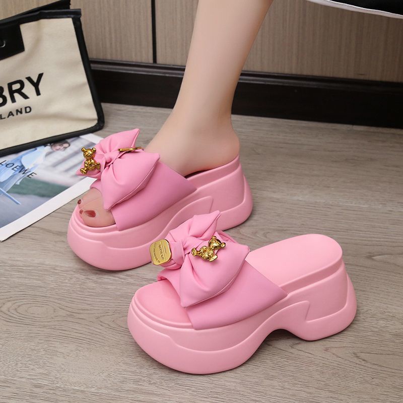 Dép Sandal Đế Xuồng Dày 9cm Hở Ngón Đính Nơ Thời Trang Mùa Hè Cho Nữ