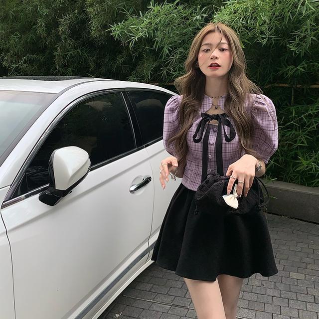 Jiashucheng Áo Sơ Mi Ngắn Tay Phồng Họa Tiết Kẻ Sọc Phong Cách Phương Tây Thời Trang Mùa Hè Cho Nữ