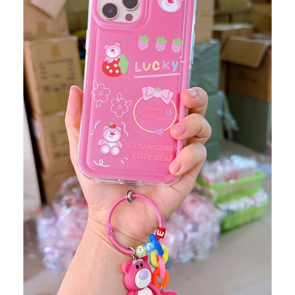 [Gấu dâu Lucky, Mặt cười, Gấu strawberry] Ốp in hình kèm dây 6plus/7plus/x/xs/xsm11/12/13/14/pro/max/plus/promax