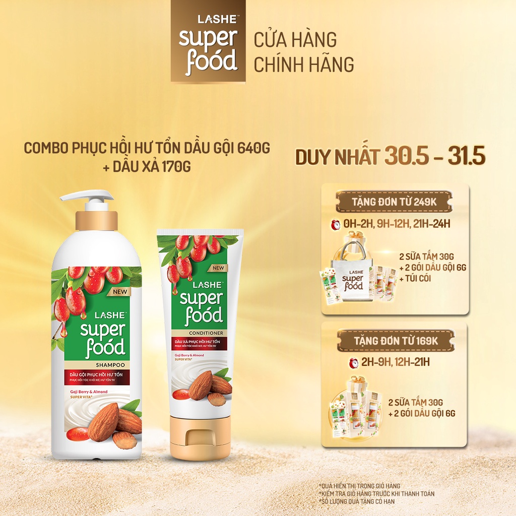Combo Dầu gội LASHE SUPERFOOD phục hồi hư tổn 640G + Dầu xả phục hồi hư tổn 170G