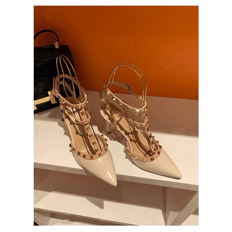 Giày Cao Gót Da Bóng Mũi Nhọn Đính Đinh Tán Thời Trang Mùa Hè Quyến Rũ Cho Nữ