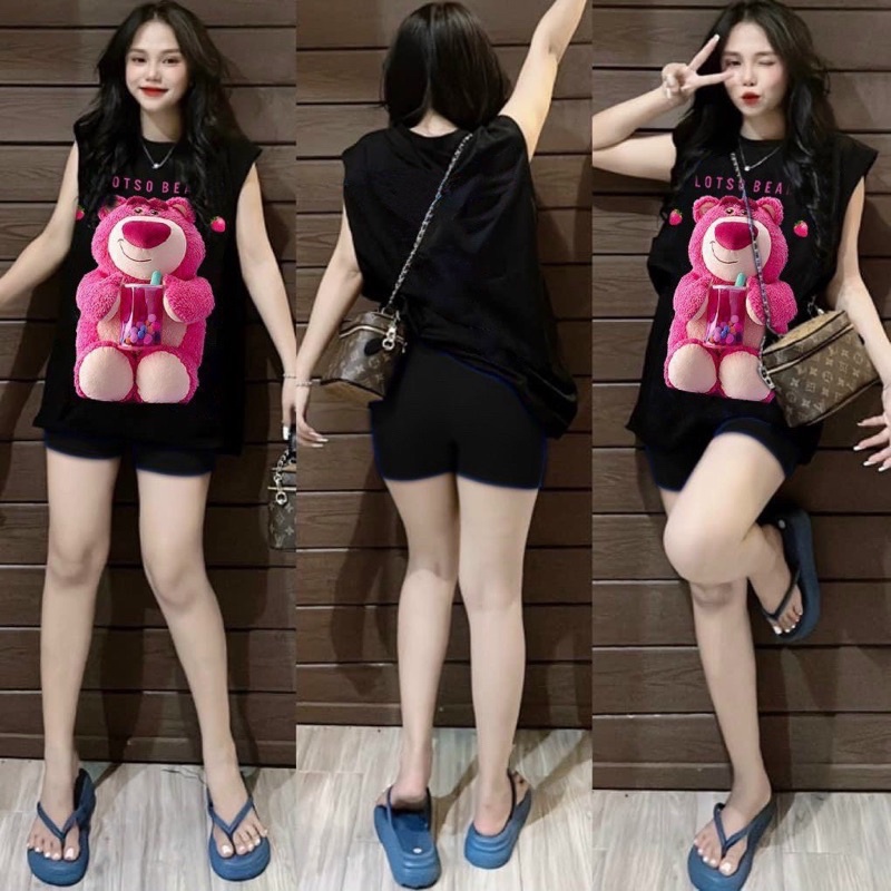 Sét ngố gấu dâu 5D phối quần leggin ôm bozip kèm video thật