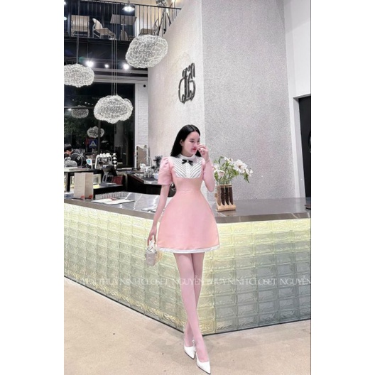 Đầm tafta nhũ phối cổ sơ mi (đen, trắng, hồng) size s m