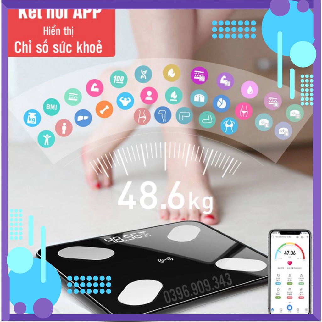 Cân điện tử sức khỏe kết nối bluetooth phân tích chỉ số cơ thể đo tỷ mỡ, béo phì, chất đạm, lượng nước(bảo hành 12 thág)