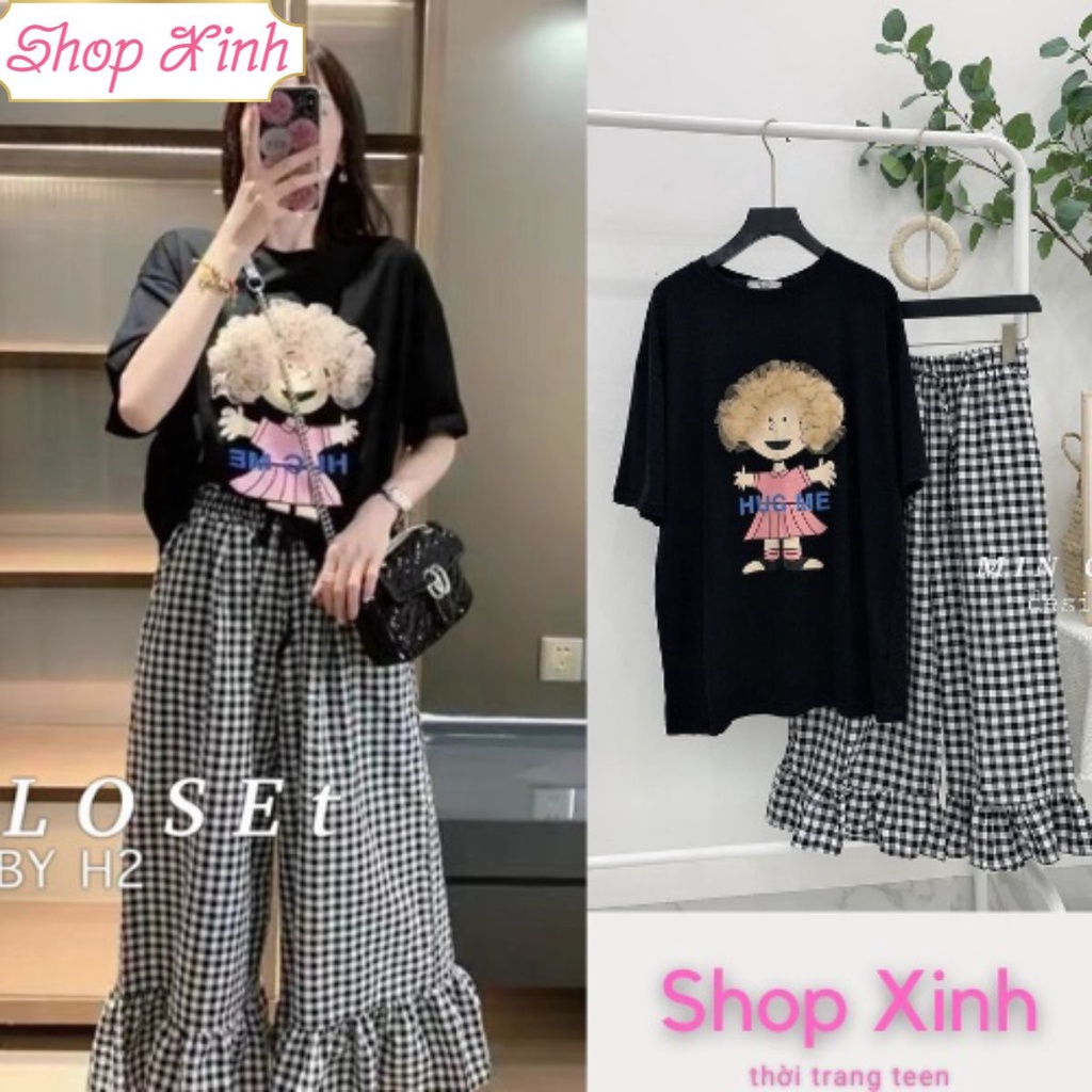 Set Áo phông thụng hình cô gái mix quần kẻ caro đen ống loe bèo