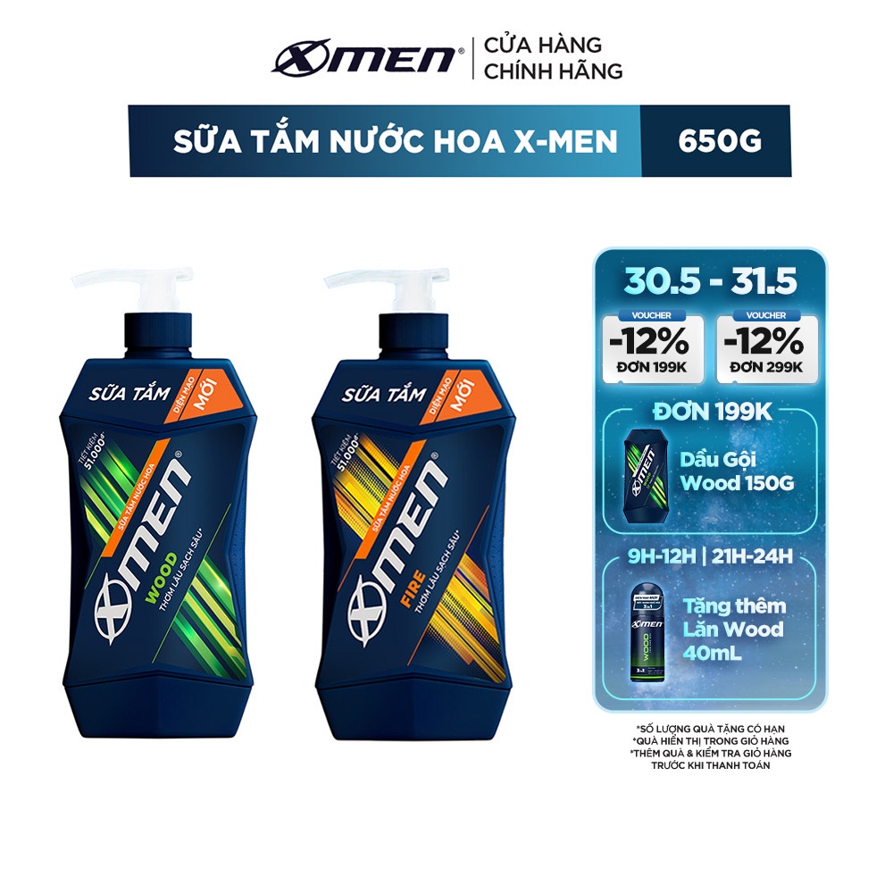Sữa tắm nước hoa Xmen 650g - 2 mùi hương nam tính, sạch sâu và lưu hương 12H