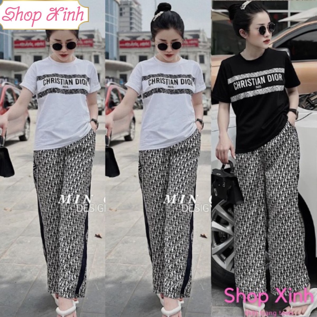 Set Dior quần suông lụa SHOPXINH888888, Bộ Dior nữ Áo phông mix quần suông phong cách Hàn Quốc