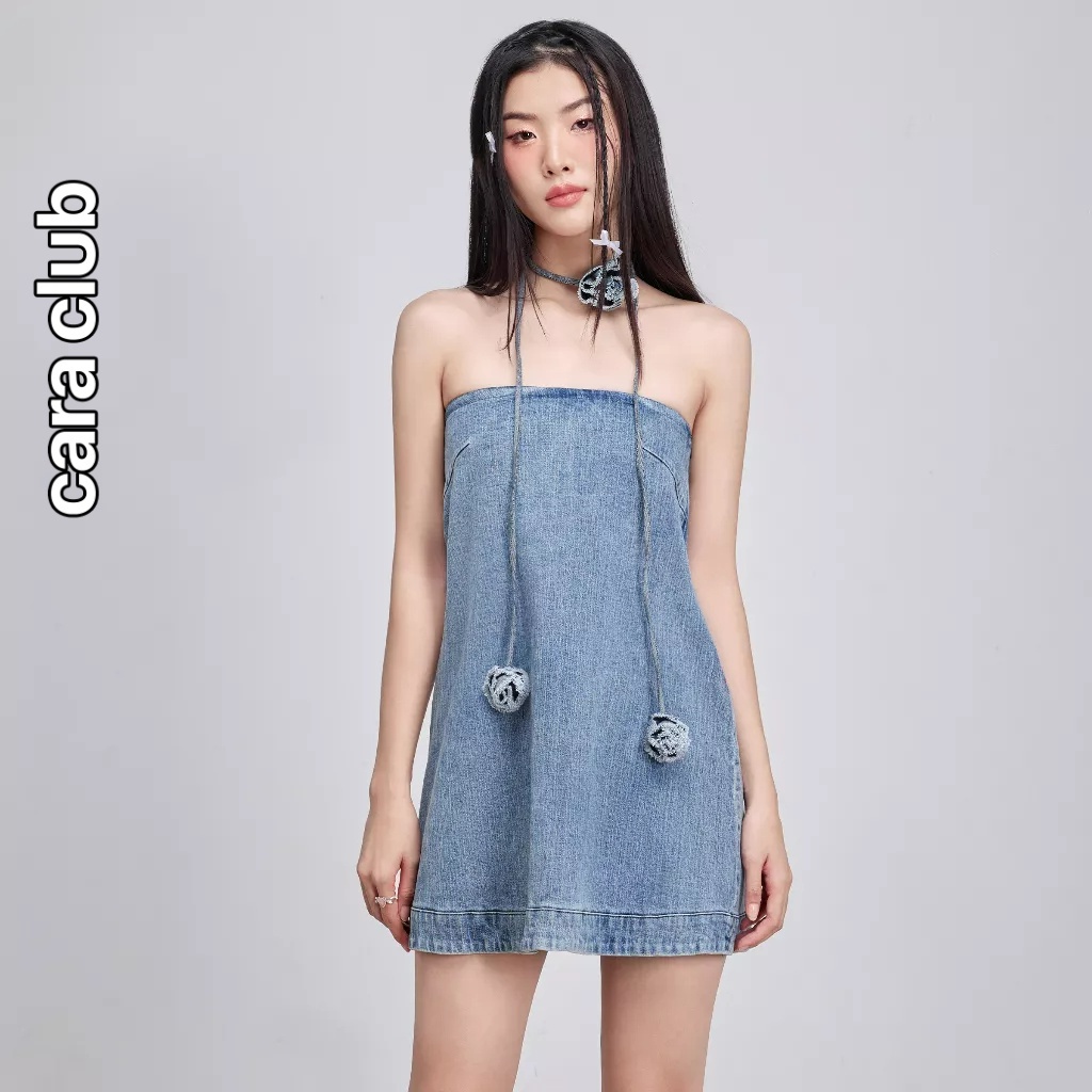 CARA Đầm ngắn nữ Edena dáng ống rộng chất vải jean hiện đại trendy