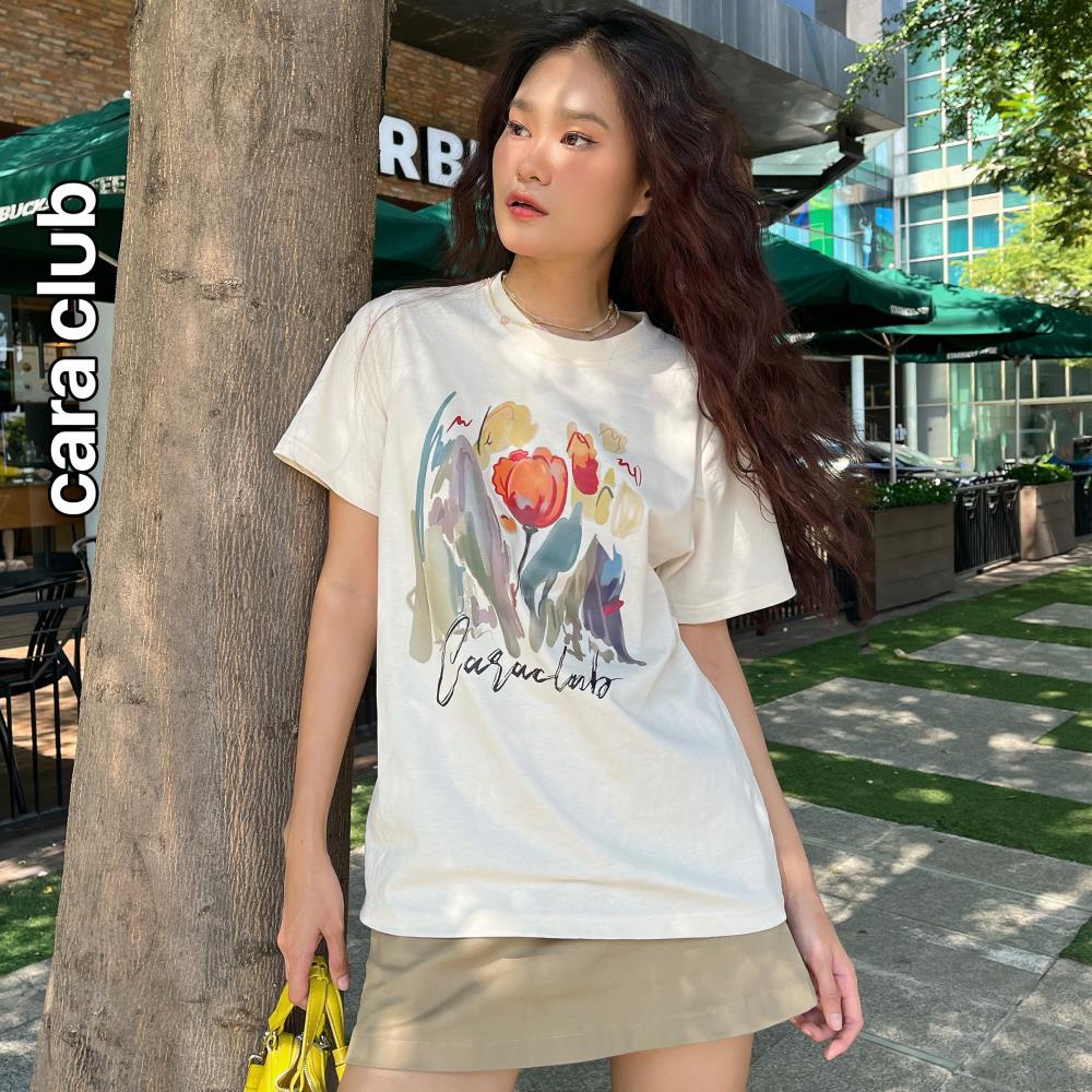 CARA Áo thun nữ Tulips tay ngắn cổ tròn form vừa người hình hoa đơn giản dễ thương