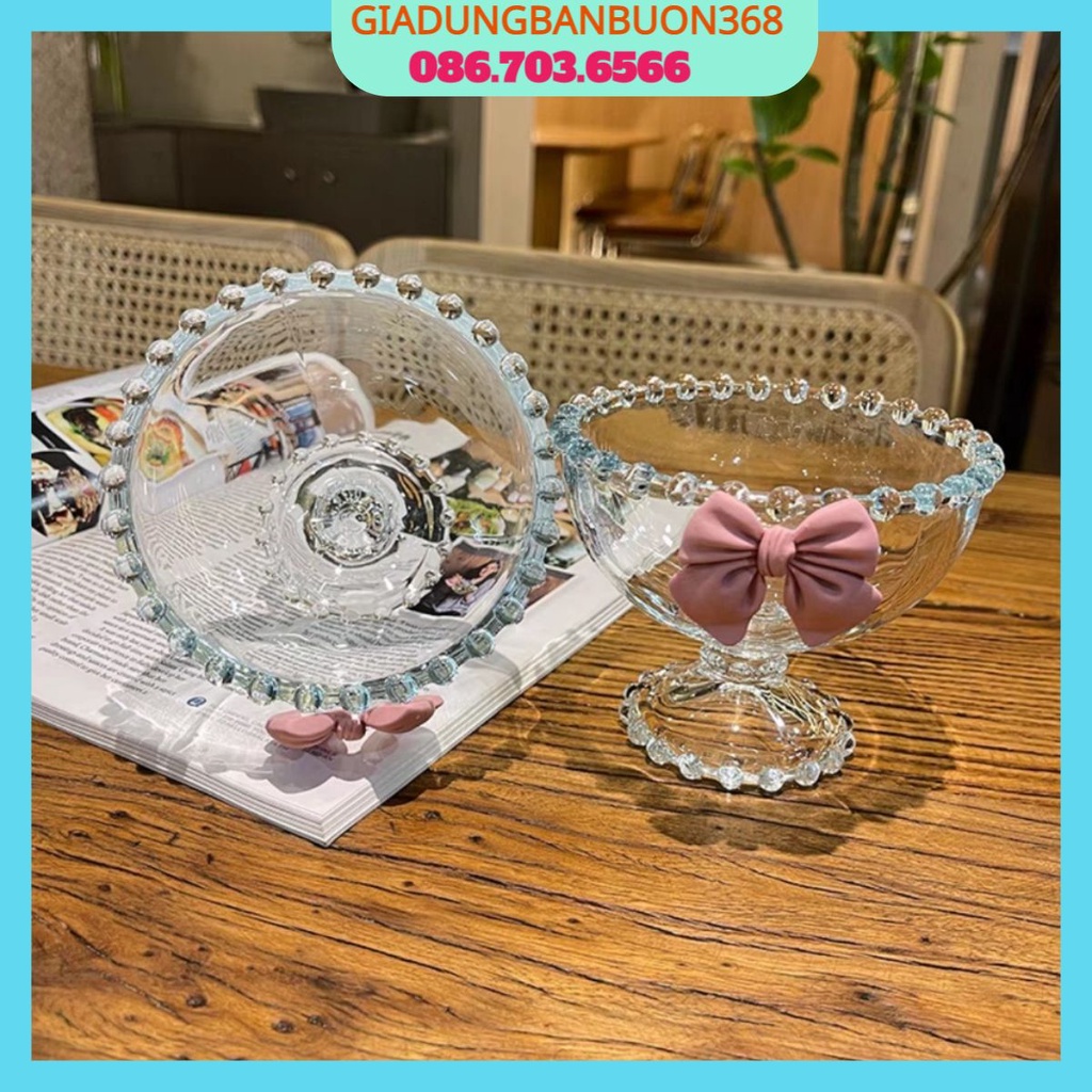 Ly Thuỷ Tinh, Cốc Thủy Tinh Đựng Kem, Cà Phê, Bánh, Đồ Ăn Sáng Hình Nơ Siêu Xinh ( Tuyển Sỉ)