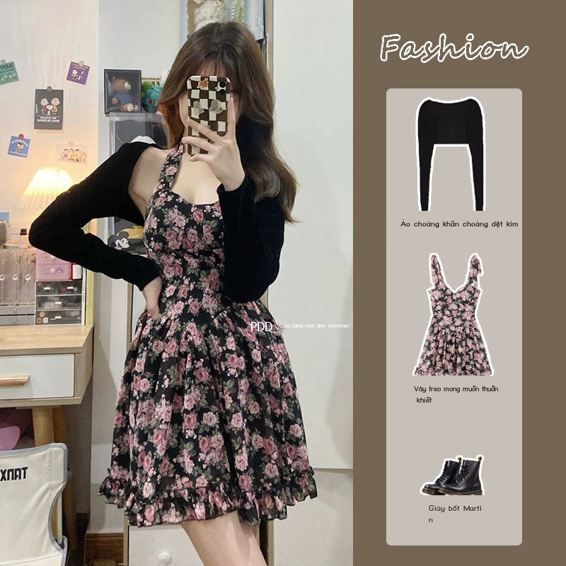 Bộ Áo Dệt Kim Hai Dây Phối Đầm Ngắn In Hoa Thời Trang Mùa Hè Cho Nữ