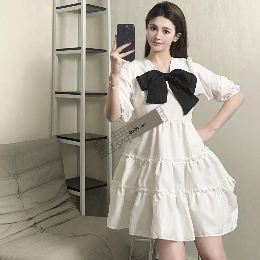 Đầm Voan Tay Phồng Đính Nơ Phong Cách Pháp Dễ Thương Thời Trang Mùa Hè 2023