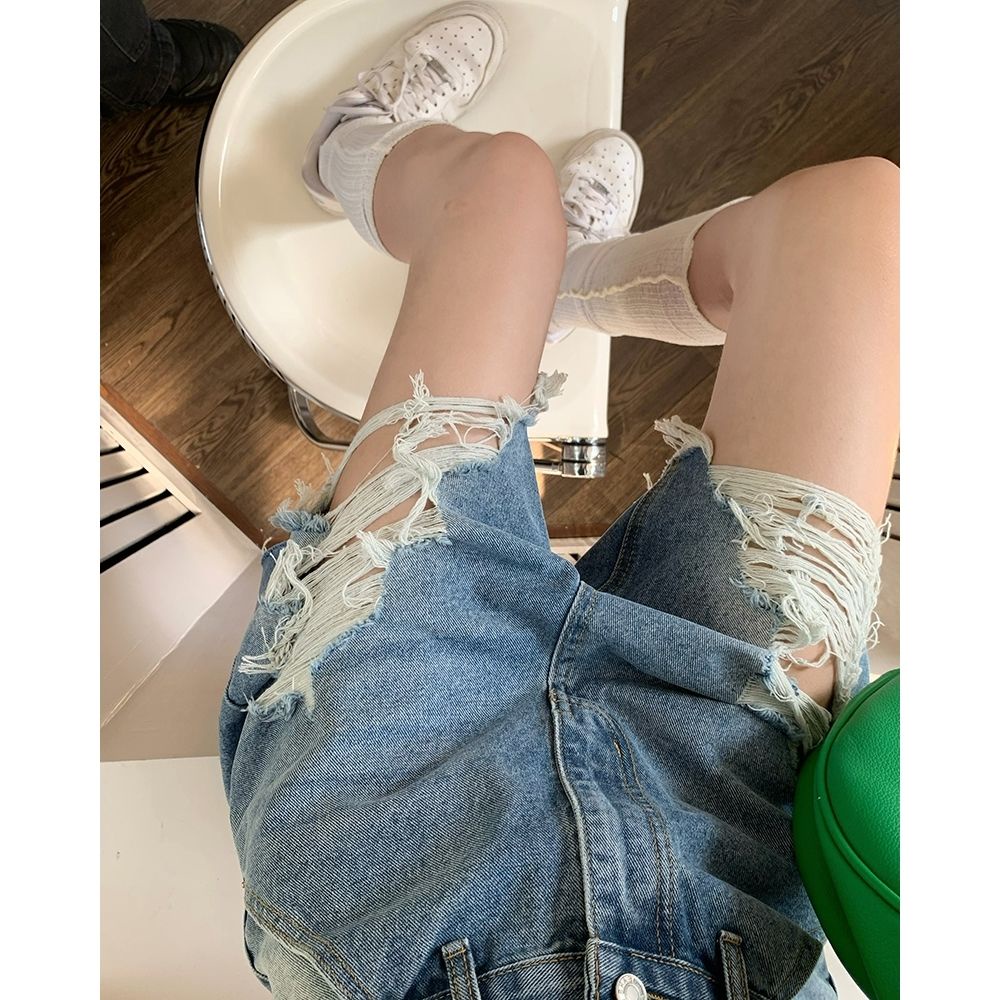 Jiashucheng Quần Denim Lửng Lưng Cao Ống Rộng Cỡ Lớn Phong Cách Mới Mùa Hè Cho Nữ