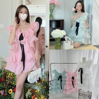 Đầm voan bèo tầng thắt nơ đen 3 màu Freesize Hari Fashion - SR245