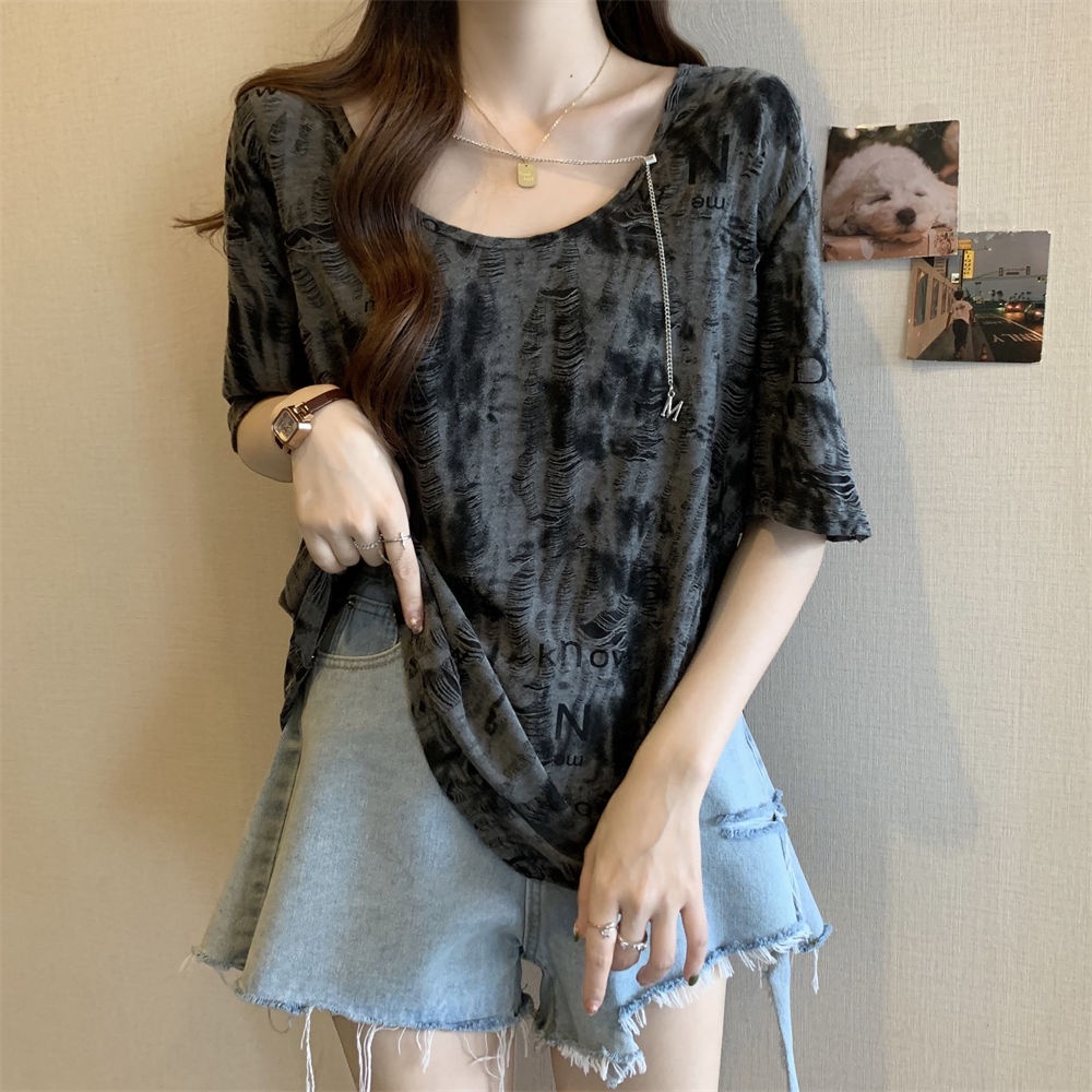 Áo Thun Ngắn Tay Dáng Rộng Màu Nhuộm Phối Dây Xích Thời Trang Mùa Hè Cho Nữ