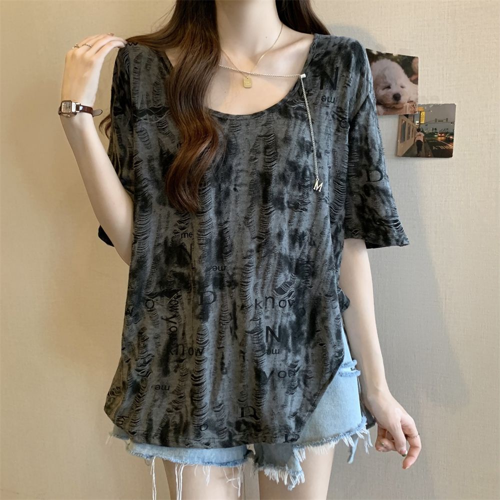 Áo Thun Ngắn Tay Dáng Rộng Màu Nhuộm Phối Dây Xích Thời Trang Mùa Hè Cho Nữ