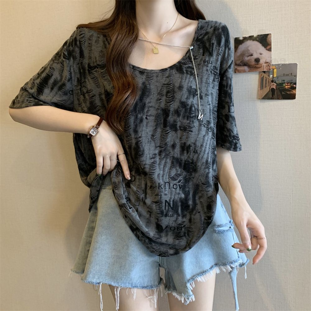 Áo Thun Ngắn Tay Dáng Rộng Màu Nhuộm Phối Dây Xích Thời Trang Mùa Hè Cho Nữ