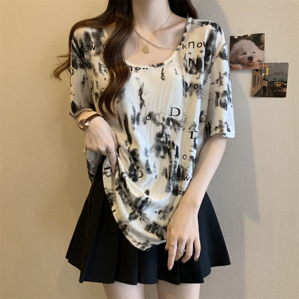 Áo Thun Ngắn Tay Dáng Rộng Màu Nhuộm Phối Dây Xích Thời Trang Mùa Hè Cho Nữ