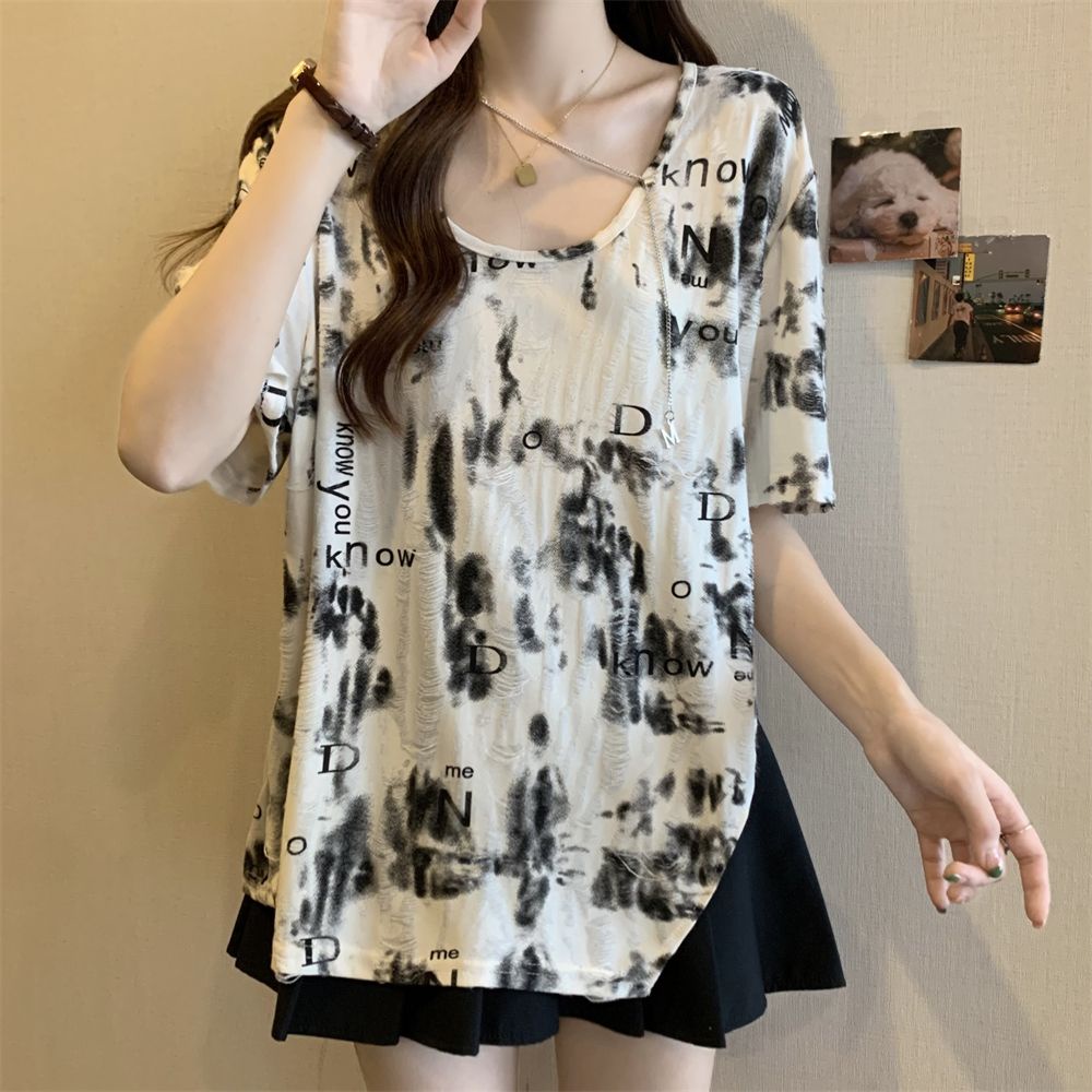 Áo Thun Ngắn Tay Dáng Rộng Màu Nhuộm Phối Dây Xích Thời Trang Mùa Hè Cho Nữ